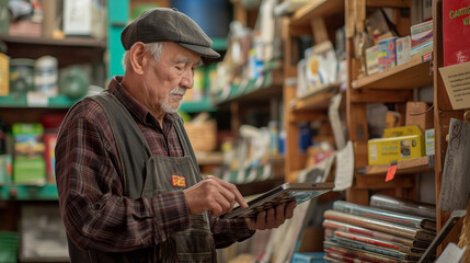 An elderly man with a warm smile stands amidst the shelves of a hardware store, using a digital tablet to manage inventory or assist customers.