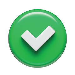 3D realistic tick check mark sign, green round shaped interface button. Yes or correct check mark in green circle. Validation concept, safe account, confirmed transaction three-dimensional vector