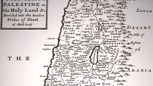 Antique Map of Canaan Divided by Tribe. Historic Representation of Ancient Palestine Tribes. Israel