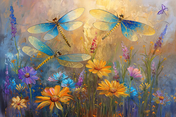 Oil painting golden dragonflies over meadow flowers, interior decor, wall painting