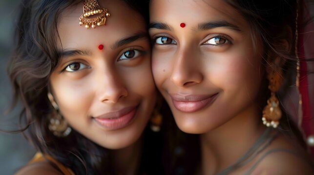 Beautiful sisters Indian .
national costumes  Girlfriends. Sisters' Day. Friendship Day. - Powered by Adobe