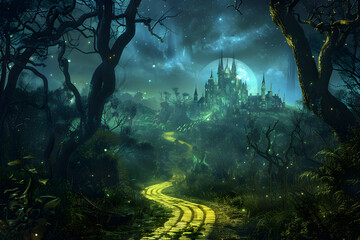 Fototapeta na wymiar Mysterious Nighttime Journey through Magical Forest towards Emerald City in 'Oz' story