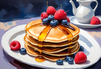 Pancakes with berries and honey, impressionism illustration 