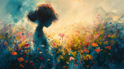 Oil painting of a silhouette of a portrait of a girl against the backdrop of a flowering meadow at sunset, wall painting for interior decor