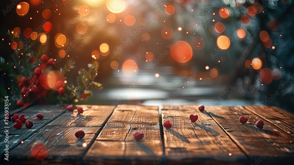 Poster Mockup empty wooden table for product display with valentine background. Generative AI.