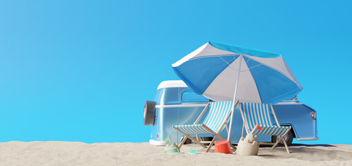 Summer vacation, travel holiday, van and beach accessories with blue background. 3d rendering	