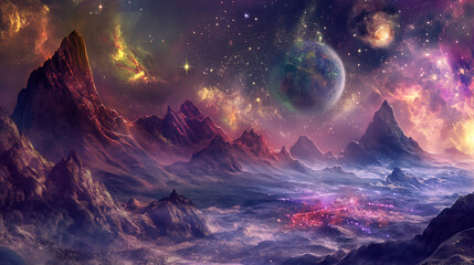 Cosmic Landscapes Create surreal cosmic landscapes with vibrant colors and celestial elements