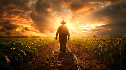 A farmer walks through a field of wheat at sunset.