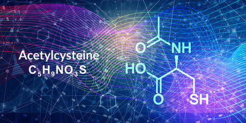 Acetylcysteine NAC mucolytic drug molecule. Also used to treat paracetamol overdose. Skeletal formula.