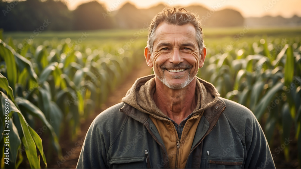 Wall mural Portrait of a farmer in corn field at morning 