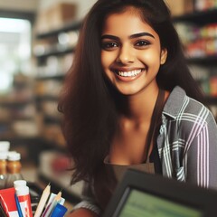 Smiling Indian Woman cashier at a shop