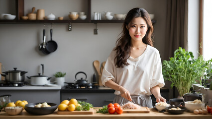 Obraz na płótnie Canvas Portrait of a cheerful Japanese woman preparing food in kitchen 