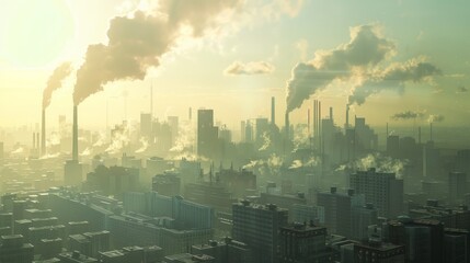 A bustling city skyline with towering factories, their smokestacks casting long shadows, representing the urban sprawl contributing to global warming pollution. - obrazy, fototapety, plakaty