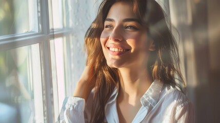 Inspired Young Woman Gazing Upwards in Sunny Office Space