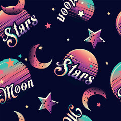Abstract seamless  pattern  with stars and moon . Bright gradient background. Girlish repeated backdrop for textile, clothes. Original wallpaper