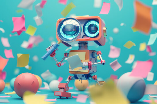 A cute robot is searching for something with its magnifying glass, surrounded by various post-its and paper balls