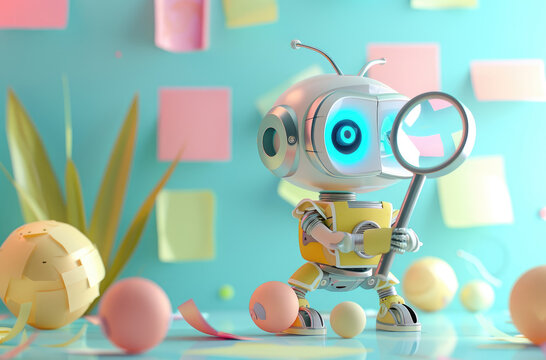 A cute robot is searching for something with its magnifying glass, surrounded by various post-its and paper balls