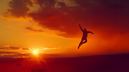 Dynamic Sunset Jump - Inspiring Image of Freedom and Fearlessness for Your Creative Projects - obrazy, fototapety, plakaty