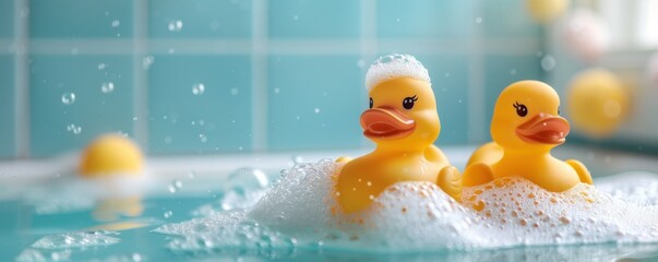 yellow rubber ducks in a blue bathroom in a white bathtub with beautiful soap foam, as the personification of cleanliness