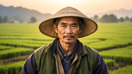 Portrait of Japanese farmer in paddy field at morning 