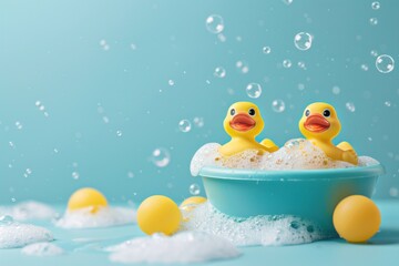 give yellow rubber ducks in a blue basin with beautiful soap foam, suitable for advertising bubble baths, shampoo and other cleanliness products