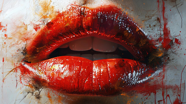 Beautiful Oil Painting of Woman Lips With Splashing Red Liquid Paint Color Lipstick