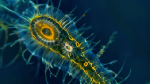 A detailed image of a single cyanobacteria cell a type of bluegreen algae with its spiral shape and long hairlike fimbriae extending . AI generation.
