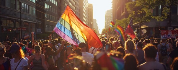 Colorful banner Rainbow flag unfurling over a cheerful crowd during Pride.
