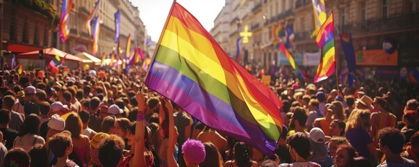 The famous symbol of the Rainbow Flag floating among the crowd of participants during Pride.
