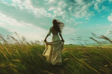 Obraz premium Behold a picturesque moment captured in time: a lady, adorned in a verdant attire, serenely embraces the wind-swept beauty of a meadow, evoking a sense of oneness with the tranquil surroundings