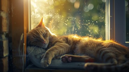 A cat napping in a sunbeam on a windowsill. Include details like dust motes dancing in the light. - obrazy, fototapety, plakaty