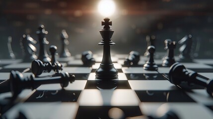 A chessboard with a single king piece standing triumphantly in the center, surrounded by captured pieces, representing achieving a dominant market position through strategic business planning. - obrazy, fototapety, plakaty