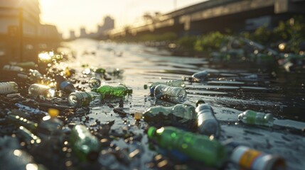 A choked waterway clogged with plastic bottles and industrial waste, highlighting the issue of plastic pollution and its contribution to climate change. - obrazy, fototapety, plakaty