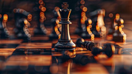 A chessboard with a single king piece standing triumphantly in the center, surrounded by captured pieces, representing achieving a dominant market position through strategic business planning. - obrazy, fototapety, plakaty