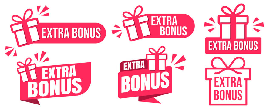 Extra Bonus Gift boxes with ribbon icons Set. Gift box badge in Trendy Flat style. Surprising gift boxes label, Gift wrapping sticker, Christmas gift icon. Vector Illustration.
