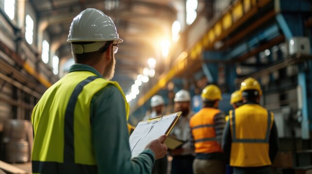 A Bunch Of Construction Workers Wearing Hard Hats And High-visibility Clothing Discuss Work In A Warehouse. AIG41