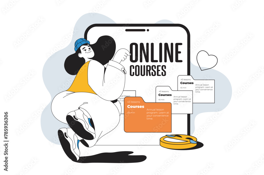 Poster online courses outline web modern concept in flat line design. woman studying at virtual educational