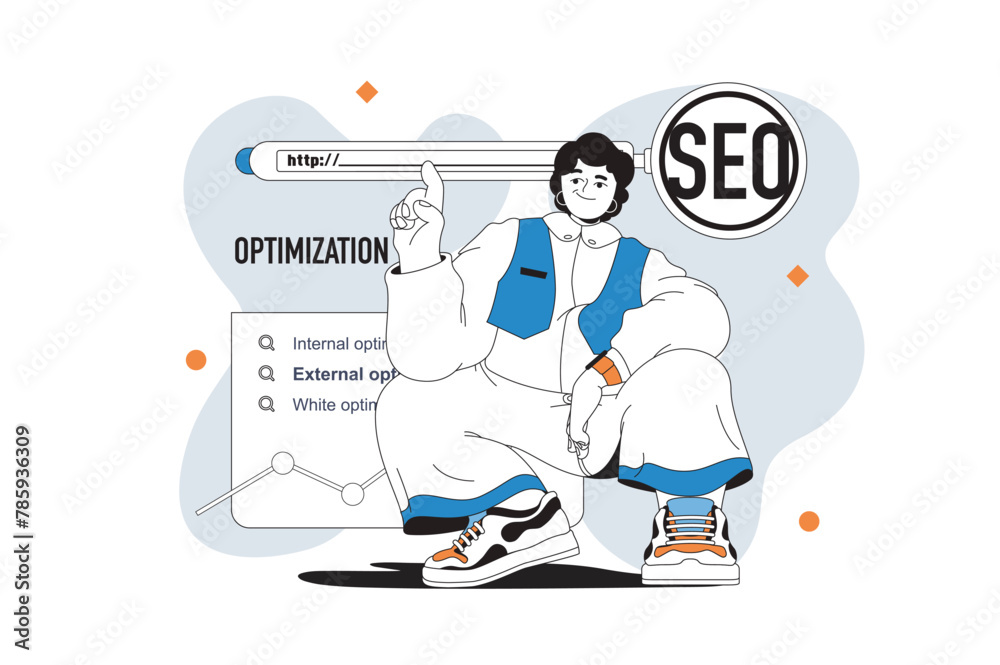 Poster seo optimization outline web modern concept in flat line design. woman analyzing online data, optimi