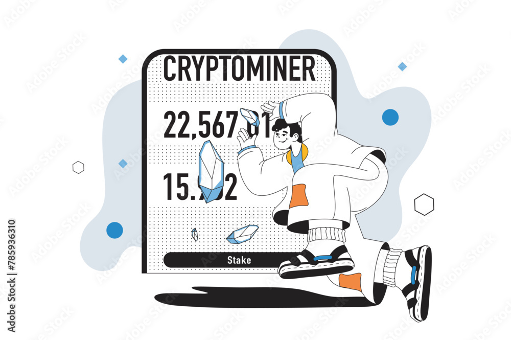 Leinwandbilder crypto mining outline web modern concept in flat line design. man works as crypto miner, trading bit