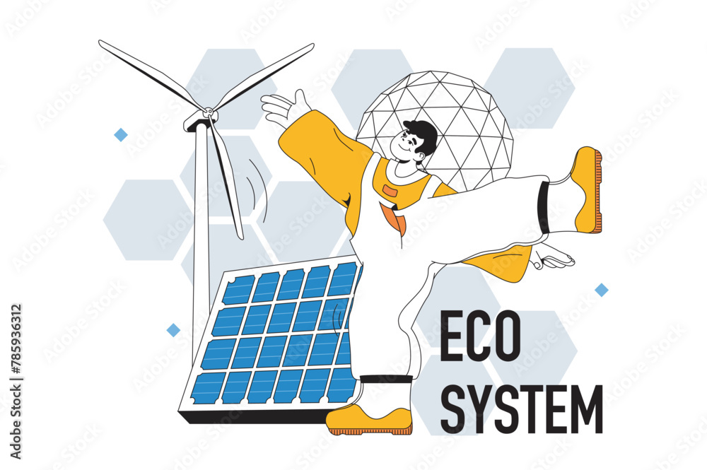 Aufkleber eco system outline web modern concept in flat line design. man using solar panels and wind turbines 