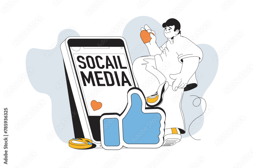 Poster social media outline web modern concept in flat line design. man making posts in online profile, col