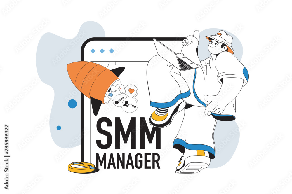 Poster smm manager outline web modern concept in flat line design. man analyzing social media trends and cr