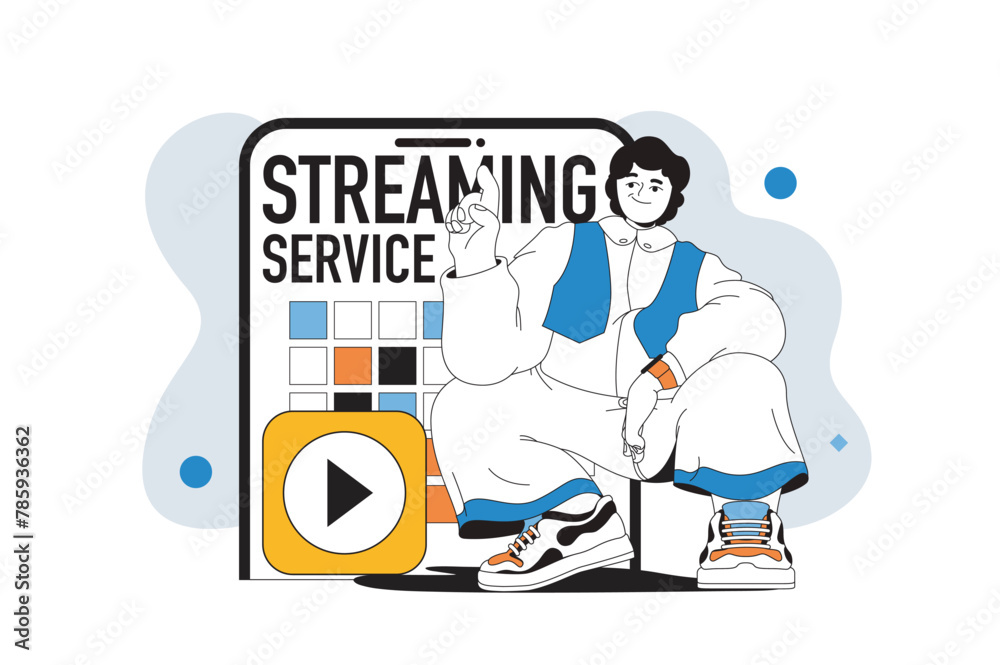 Poster streaming service outline web modern concept in flat line design. man watching video or cinema and u