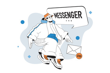 Messenger outline web modern concept in flat line design. Man gets notifications with new letters and using app for online chatting. Vector illustration for social media banner, marketing material.