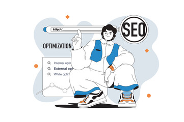 Seo optimization outline web modern concept in flat line design. Woman analyzing online data, optimizing search engines site ranking. Vector illustration for social media banner, marketing material.