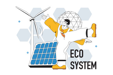 Eco system outline web modern concept in flat line design. Man using solar panels and wind turbines for alternative energy generation. Vector illustration for social media banner, marketing material.