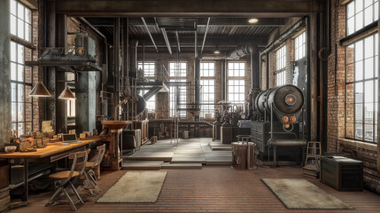 Industrial Interiors rugged beauty of industrial interiors with exposed brick walls, metal beams, and vintage machinery 