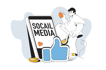 Social media outline web modern concept in flat line design. Man making posts in online profile, collects likes and follower comments. Vector illustration for social media banner, marketing material.