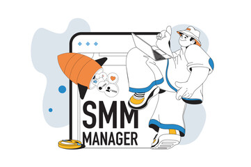 SMM manager outline web modern concept in flat line design. Man analyzing social media trends and creating digital content in blogs. Vector illustration for social media banner, marketing material.
