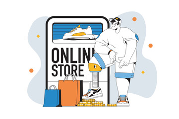 Online shopping outline web modern concept in flat line design. Man choosing goods, makes purchase in internet store, paying in app. Vector illustration for social media banner, marketing material.
